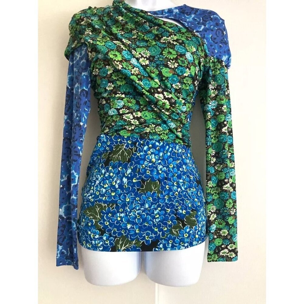 Zara Draped Print Green Blue Floral Top Size US Medium Dainty Long Sleeve